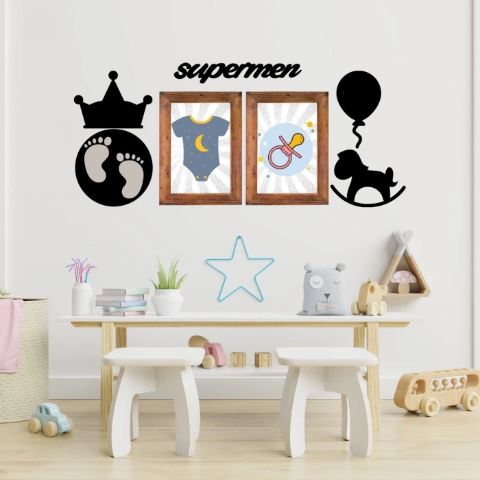 İpek Yıldızı® DECO103 Supermen Dekoratif Duvar Süsü Tablo Aksesuar Ahşap Tasarım Hediye Pano Sticker Seti