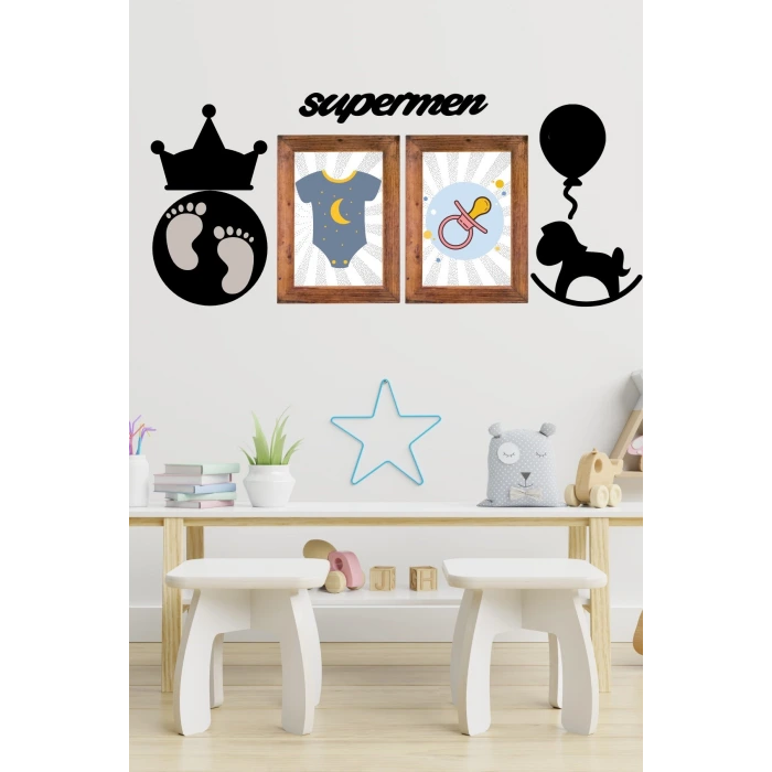 İpek Yıldızı® DECO103 Supermen Dekoratif Duvar Süsü Tablo Aksesuar Ahşap Tasarım Hediye Pano Sticker Seti