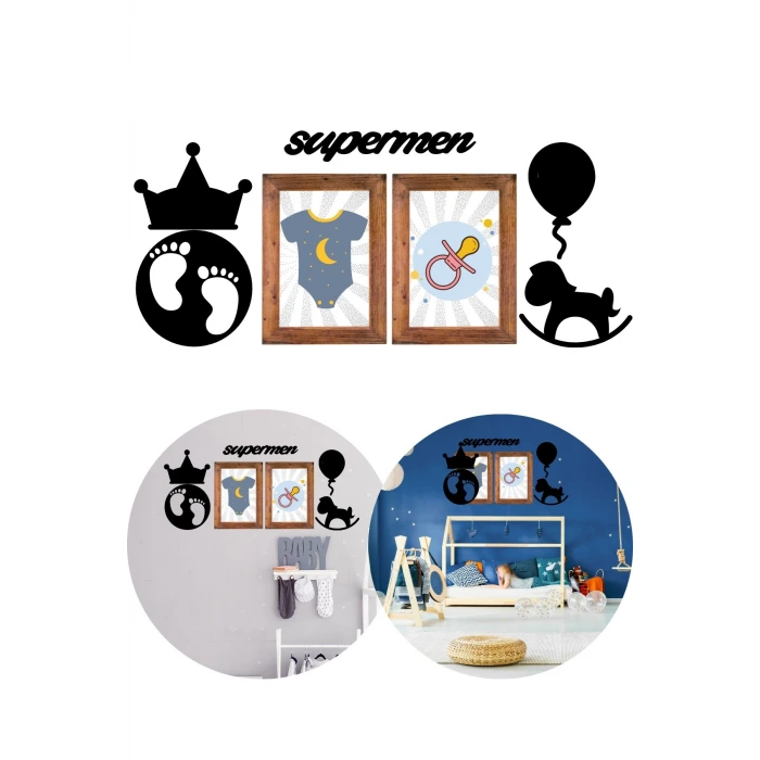 İpek Yıldızı® DECO103 Supermen Dekoratif Duvar Süsü Tablo Aksesuar Ahşap Tasarım Hediye Pano Sticker Seti