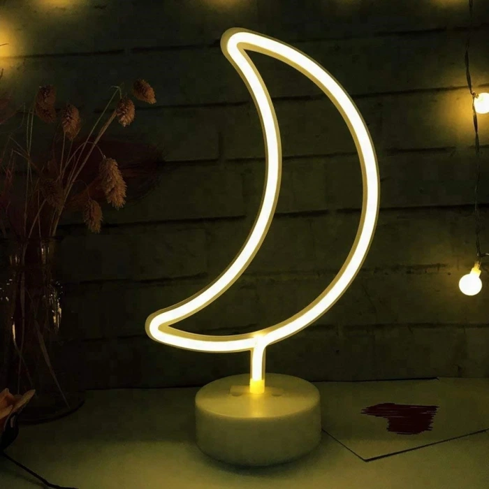İpek Yıldızı® Dekoratif Pilli Ay Tasarımlı 3D Neon Led Masa Ve Gece Lambası