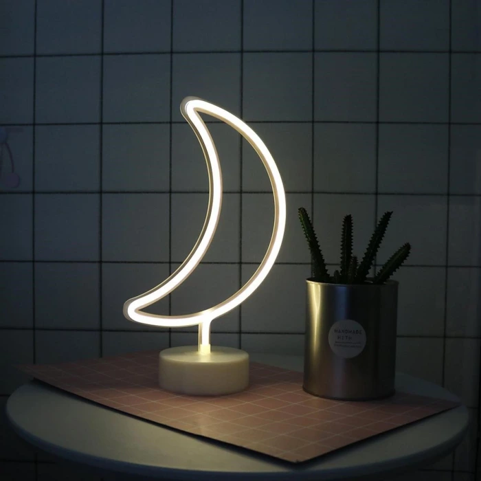 İpek Yıldızı® Dekoratif Pilli Ay Tasarımlı 3D Neon Led Masa Ve Gece Lambası