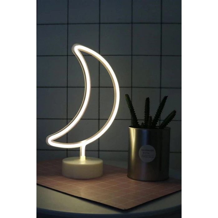 İpek Yıldızı® Dekoratif Pilli Ay Tasarımlı 3D Neon Led Masa Ve Gece Lambası