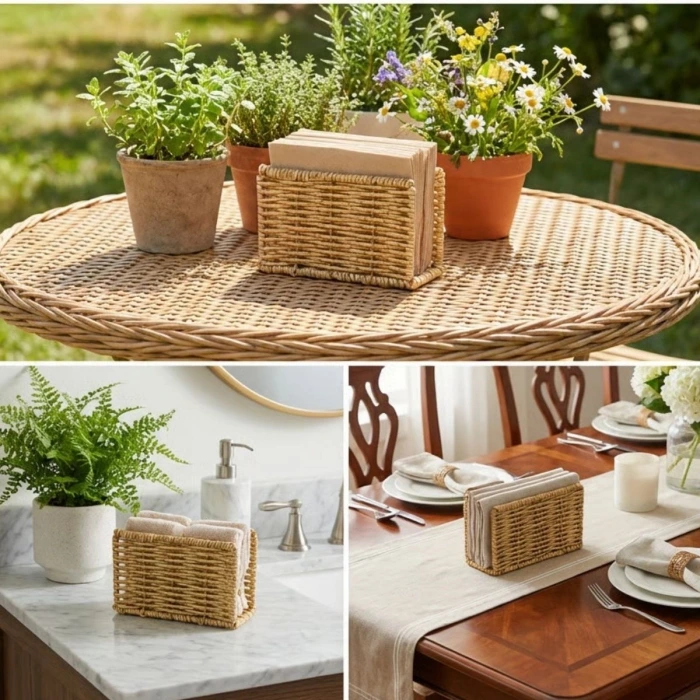 İpek Yıldızı® Dekoratif Plastik Rattan Dikdörtgen Peçetelik–Doğal Hasır Dokulu Masaüstü Peçete Standı