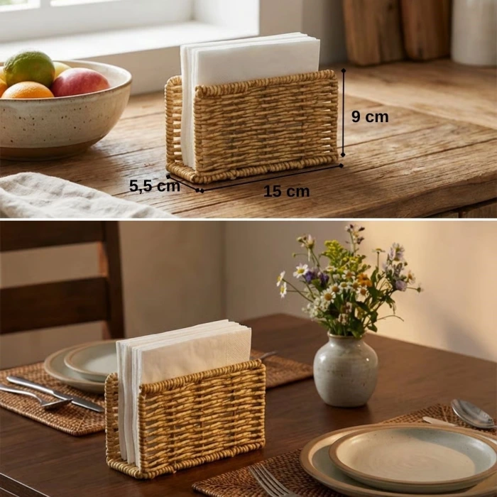 İpek Yıldızı® Dekoratif Plastik Rattan Dikdörtgen Peçetelik–Doğal Hasır Dokulu Masaüstü Peçete Standı