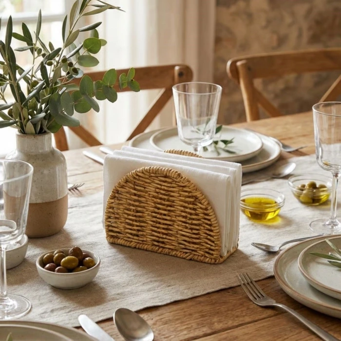 İpek Yıldızı® Dekoratif Plastik Rattan Yarım Yuvarlak Peçetelik–Doğal Hasır Dokulu Masaüstü Peçete Standı