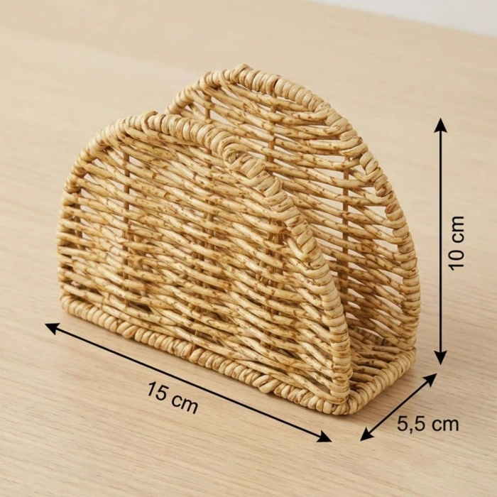 İpek Yıldızı® Dekoratif Plastik Rattan Yarım Yuvarlak Peçetelik–Doğal Hasır Dokulu Masaüstü Peçete Standı