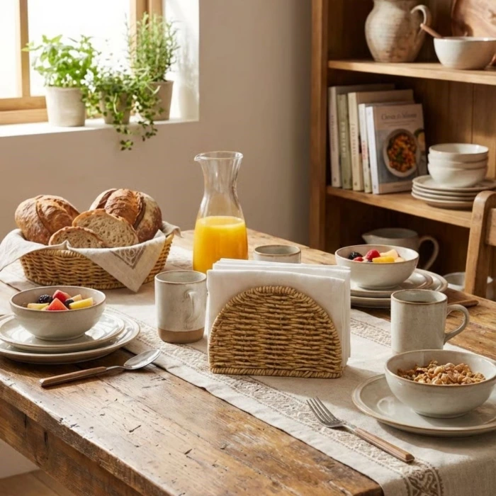 İpek Yıldızı® Dekoratif Plastik Rattan Yarım Yuvarlak Peçetelik–Doğal Hasır Dokulu Masaüstü Peçete Standı