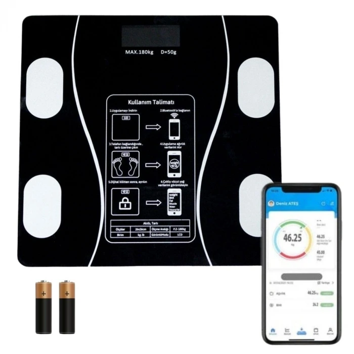 İpek Yıldızı® Dijital Baskül Yağ Ölçer Fonksiyonlu Akıllı Baskül Bluetooth Bağlantılı Tartı