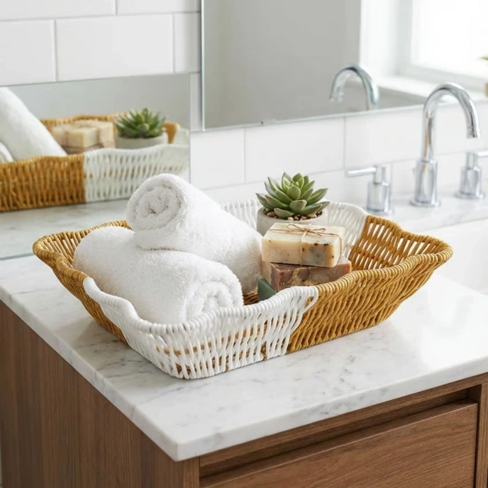 İpek Yıldızı® Dikdörtgen Çift Renkli Plastik Rattan Ekmek ve Meyve Sepeti - Çok Amaçlı Banyo ve Mutfak Düzenleyici - Yıkanabilir Tezgâh Üstü Organizer