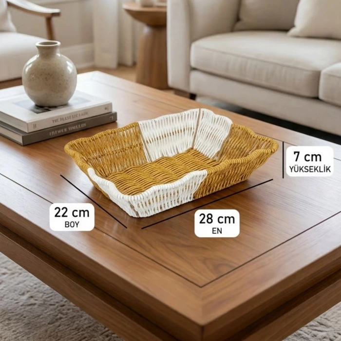 İpek Yıldızı® Dikdörtgen Çift Renkli Plastik Rattan Ekmek ve Meyve Sepeti - Çok Amaçlı Banyo ve Mutfak Düzenleyici - Yıkanabilir Tezgâh Üstü Organizer