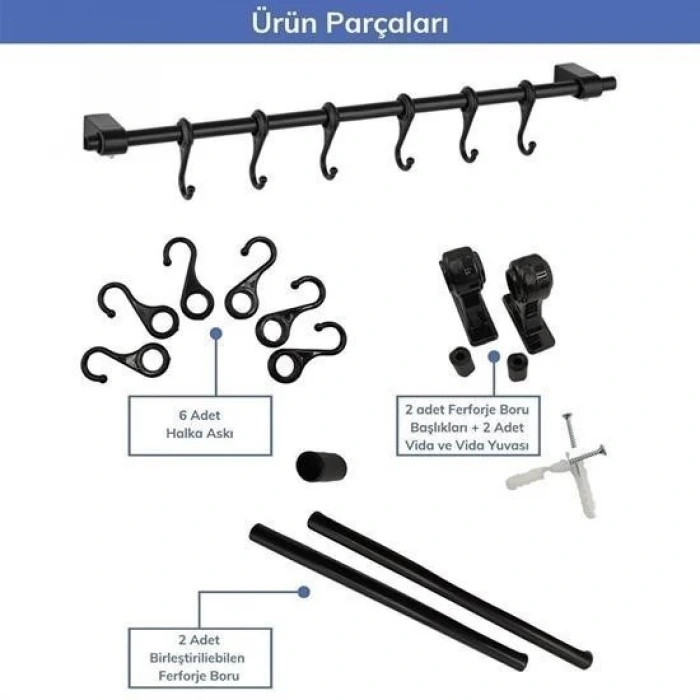 İpek Yıldızı® Duvara Monte Edilen 6 Kancalı Dekor Kaşıklık ve Kupa Askısı