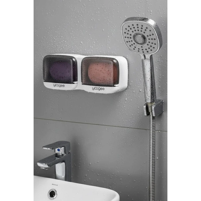 İpek Yıldızı® Duvara Monte İkili Kapaklı Plastik Katı Sabunluk Organizer – Banyo & Mutfak İçin Yapışkanlı Sabun Kutusu ve Düzenleyici