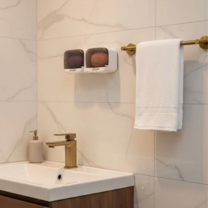 İpek Yıldızı® Duvara Monte İkili Kapaklı Plastik Katı Sabunluk Organizer – Banyo & Mutfak İçin Yapışkanlı Sabun Kutusu ve Düzenleyici