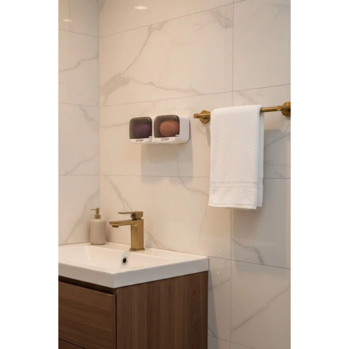 İpek Yıldızı® Duvara Monte İkili Kapaklı Plastik Katı Sabunluk Organizer – Banyo & Mutfak İçin Yapışkanlı Sabun Kutusu ve Düzenleyici