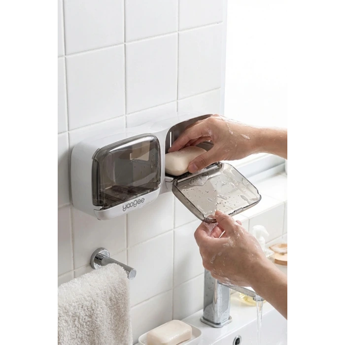 İpek Yıldızı® Duvara Monte İkili Kapaklı Plastik Katı Sabunluk Organizer – Banyo & Mutfak İçin Yapışkanlı Sabun Kutusu ve Düzenleyici