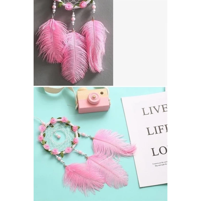 İpek Yıldızı® El Yapımı Kuş Tüyü ve Led Işıklı Dekoratif Asma Düş Rüya Kapanı