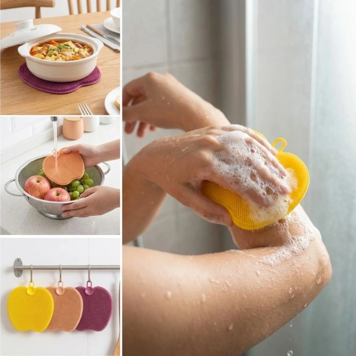 İpek Yıldızı® Elma Şekilli Silikon Bulaşık Yıkama Matı – Çok Amaçlı Mutfak ve Banyo Süngeri