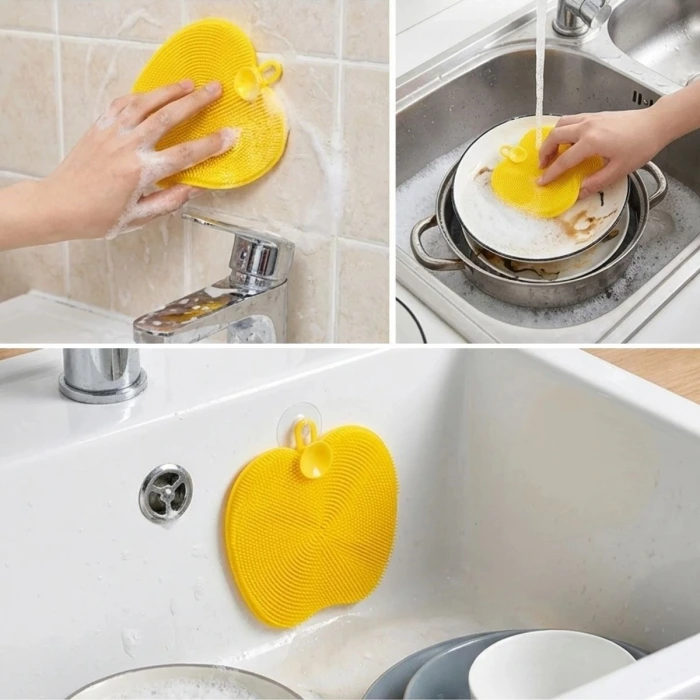 İpek Yıldızı® Elma Şekilli Silikon Bulaşık Yıkama Matı – Çok Amaçlı Mutfak ve Banyo Süngeri