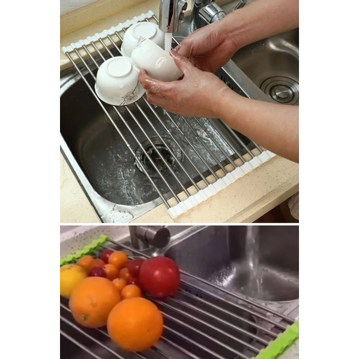 İpek Yıldızı® Evye Üstü Katlanır Nihale Paslanmaz Çelik Pratik Sebze Meyve Bulaşık Kurutma Süzgeci