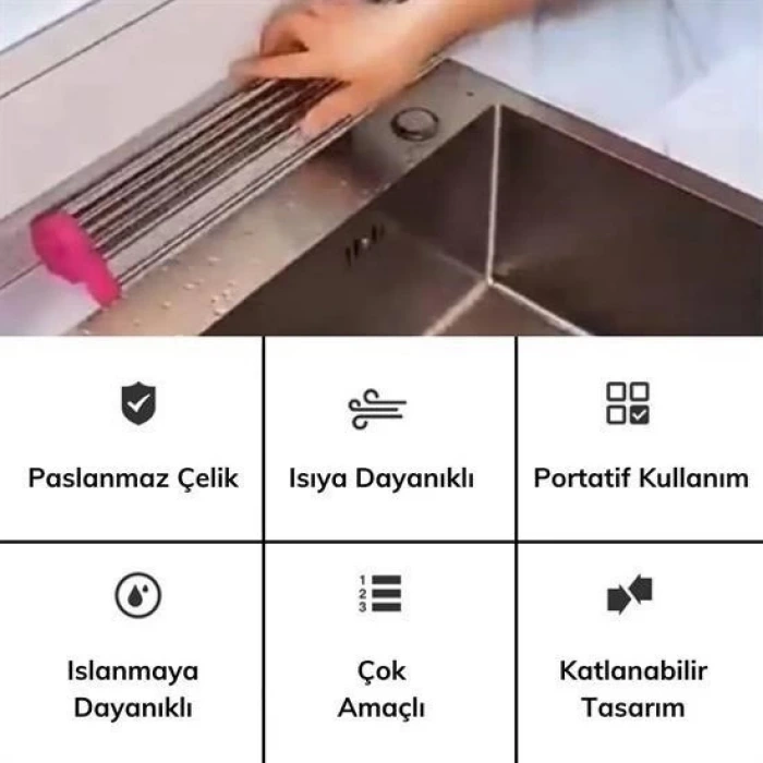 İpek Yıldızı® Evye Üstü Katlanır Nihale Paslanmaz Çelik Pratik Sebze Meyve Bulaşık Kurutma Süzgeci