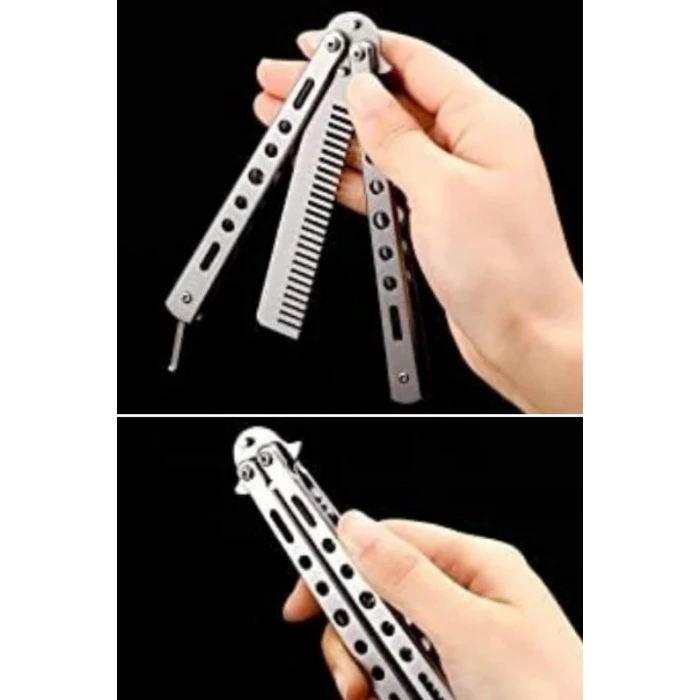 İpek Yıldızı® Gri Katlanabilir Paslanmaz Çelik Kelebek Bıçak Tarak Sakal Bıyık Fırçası Profesyonel Saç Kesimi İçin Tarak