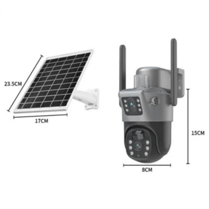 İpek Yıldızı® Güneş Panelli Akıllı Güvenlik Kamerası 360° PTZ Hareketli,Kablosuz WiFi,Çift Anten ve Kameralı,Gece Görüşlü,Hareket Algılamalı,Solar Kam