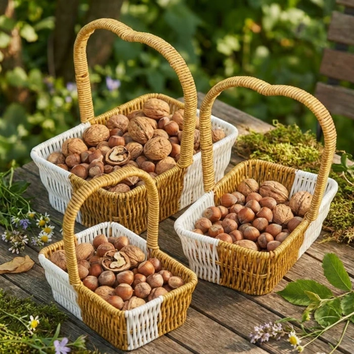 İpek Yıldızı® İç İçe Geçebilen 3’lü Çift Renkli Dikdörtgen Formlu Kalp Saplı Plastik Rattan Sepet Seti – Hasır Görünümlü Çok Amaçlı Organizerler