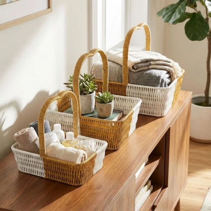 İpek Yıldızı® İç İçe Geçebilen 3’lü Çift Renkli Dikdörtgen Formlu Kalp Saplı Plastik Rattan Sepet Seti – Hasır Görünümlü Çok Amaçlı Organizerler