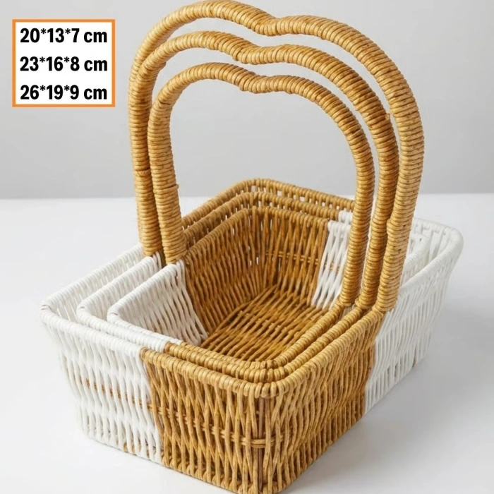 İpek Yıldızı® İç İçe Geçebilen 3’lü Çift Renkli Dikdörtgen Formlu Kalp Saplı Plastik Rattan Sepet Seti – Hasır Görünümlü Çok Amaçlı Organizerler