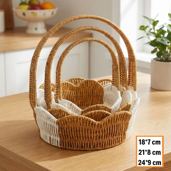İpek Yıldızı® İç İçe Geçebilen 3’lü Çift Renkli Yuvarlak Dalgalı Formlu Saplı Plastik Rattan Sepet Seti – Hasır Görünümlü Çok Amaçlı Organizerler