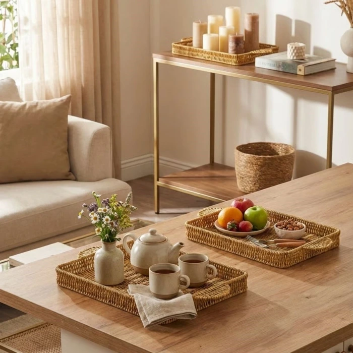 İpek Yıldızı® İç İçe Geçebilen 3’lü Dikdörtgen Plastik Rattan Tepsi Seti–Hasır Görünümlü Çok Amaçlı Servis ve Sunum Tepsileri