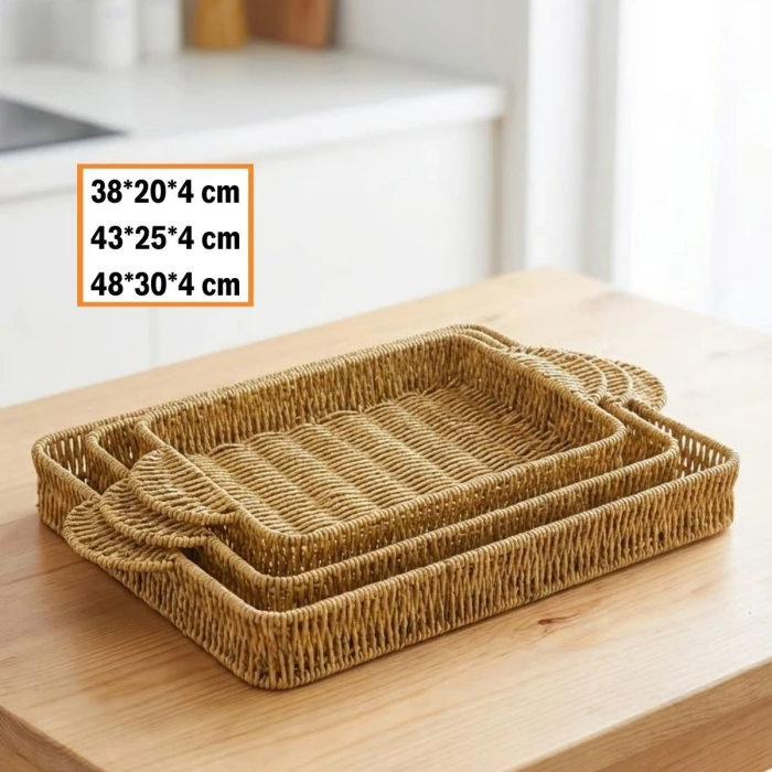 İpek Yıldızı® İç İçe Geçebilen 3’lü Dikdörtgen Plastik Rattan Tepsi Seti–Hasır Görünümlü Çok Amaçlı Servis ve Sunum Tepsileri