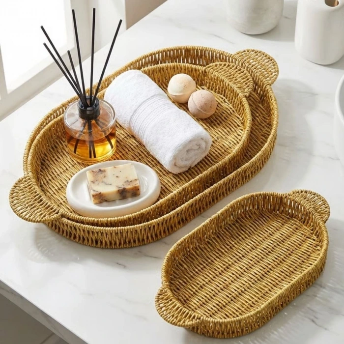 İpek Yıldızı® İç İçe Geçebilen 3’lü Oval Plastik Rattan Tepsi Seti–Hasır Görünümlü Çok Amaçlı Servis ve Sunum Tepsileri