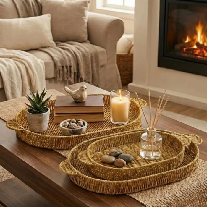 İpek Yıldızı® İç İçe Geçebilen 3’lü Oval Plastik Rattan Tepsi Seti–Hasır Görünümlü Çok Amaçlı Servis ve Sunum Tepsileri