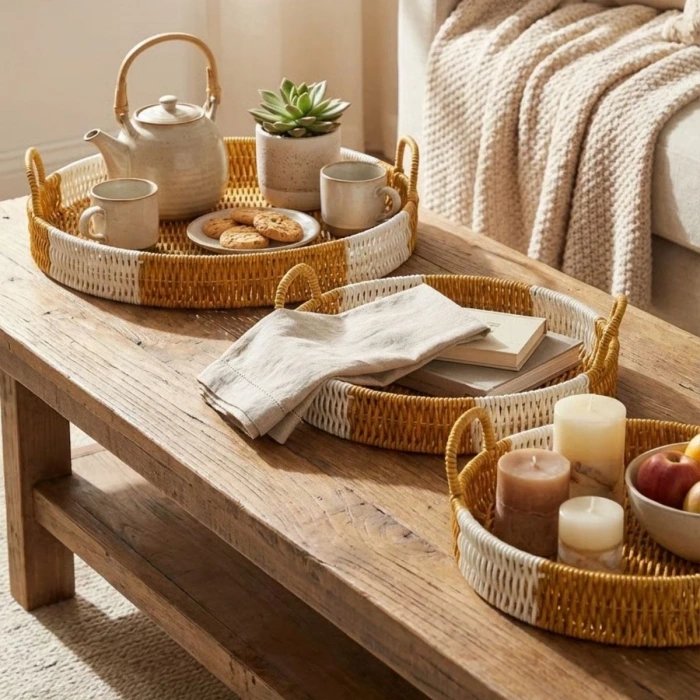 İpek Yıldızı® İç İçe Geçebilen 3’lü Yuvarlak Plastik Rattan Tepsi Seti–Çift Renkli Hasır Görünümlü Çok Amaçlı Servis ve Sunum Tepsileri