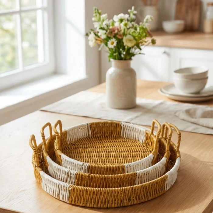 İpek Yıldızı® İç İçe Geçebilen 3’lü Yuvarlak Plastik Rattan Tepsi Seti–Çift Renkli Hasır Görünümlü Çok Amaçlı Servis ve Sunum Tepsileri