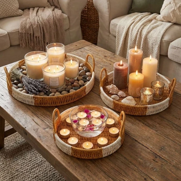 İpek Yıldızı® İç İçe Geçebilen 3’lü Yuvarlak Plastik Rattan Tepsi Seti–Çift Renkli Hasır Görünümlü Çok Amaçlı Servis ve Sunum Tepsileri