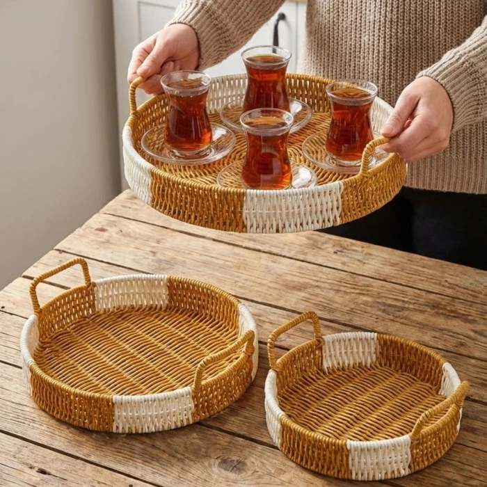 İpek Yıldızı® İç İçe Geçebilen 3’lü Yuvarlak Plastik Rattan Tepsi Seti–Çift Renkli Hasır Görünümlü Çok Amaçlı Servis ve Sunum Tepsileri