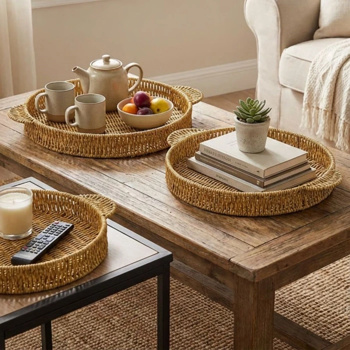 İpek Yıldızı® İç İçe Geçebilen 3’lü Yuvarlak Plastik Rattan Tepsi Seti–Hasır Görünümlü Çok Amaçlı Servis ve Sunum Tepsileri