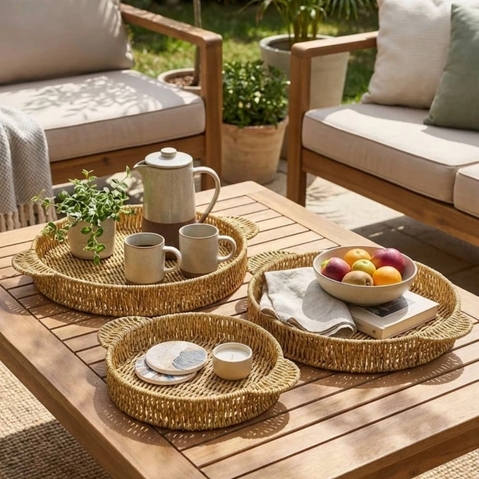 İpek Yıldızı® İç İçe Geçebilen 3’lü Yuvarlak Plastik Rattan Tepsi Seti–Hasır Görünümlü Çok Amaçlı Servis ve Sunum Tepsileri