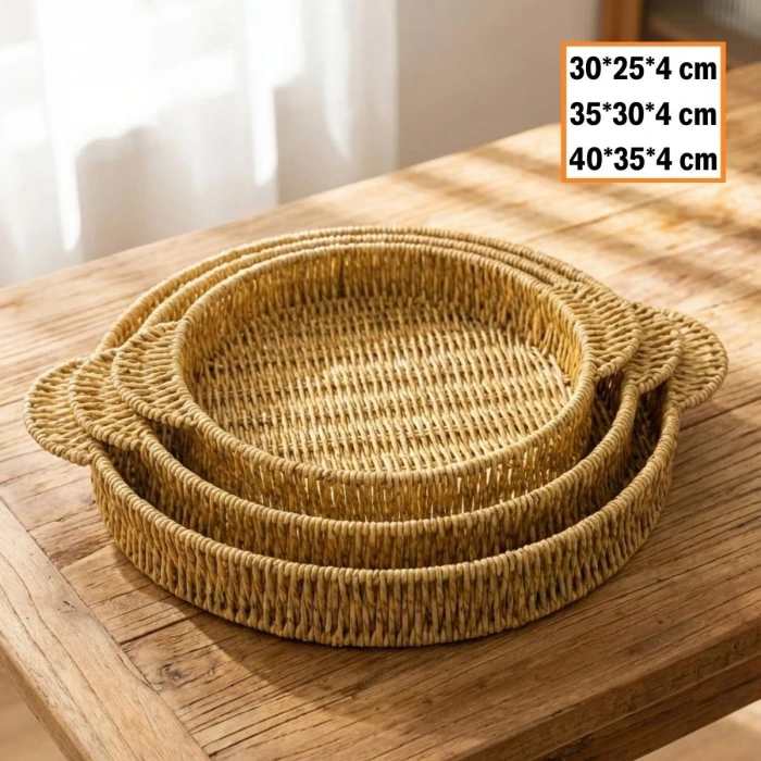 İpek Yıldızı® İç İçe Geçebilen 3’lü Yuvarlak Plastik Rattan Tepsi Seti–Hasır Görünümlü Çok Amaçlı Servis ve Sunum Tepsileri