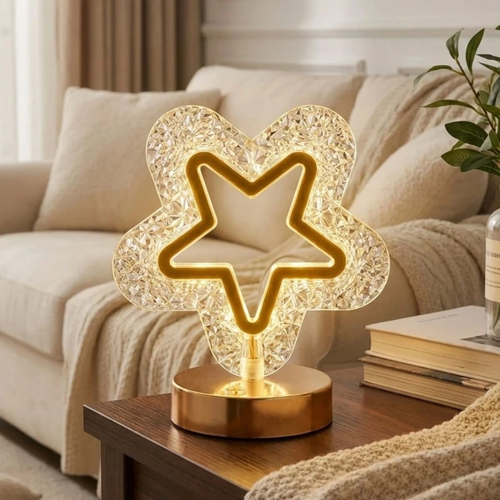 İpek Yıldızı® İçi Boş Yıldız Şeklinde Kristal LED Masa Lambası – Dokunmatik, 3 Renk Işık Modlu, Şarjlı Mini Dekoratif Gece Lambası
