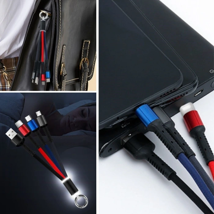 İpek Yıldızı® Işıklı Anahtarlık Model 3 in 1 USB Çıkışlı MİKRO,TYPE-C ve İphone Uyumlu Şarj Kablosu
