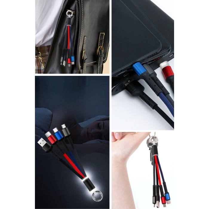 İpek Yıldızı® Işıklı Anahtarlık Model 3 in 1 USB Çıkışlı MİKRO,TYPE-C ve İphone Uyumlu Şarj Kablosu