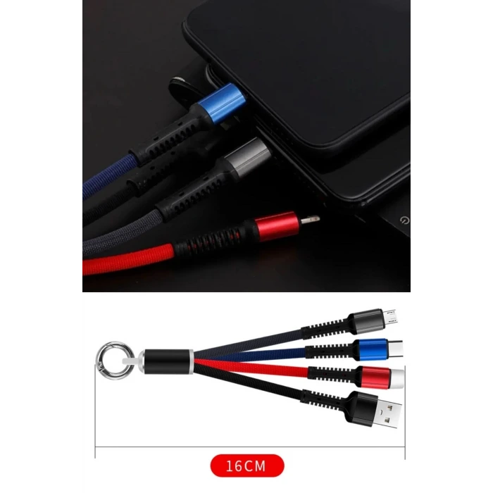 İpek Yıldızı® Işıklı Anahtarlık Model 3 in 1 USB Çıkışlı MİKRO,TYPE-C ve İphone Uyumlu Şarj Kablosu