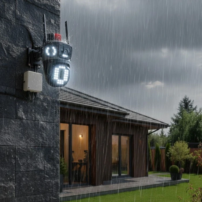 İpek Yıldızı® Kablolu Akıllı Güvenlik Kamerası – 4 Kameralı Çok Lensli, 360° PTZ Hareketli, Çift Antenli, Gece Görüşlü, Dış Mekan IP Kamera