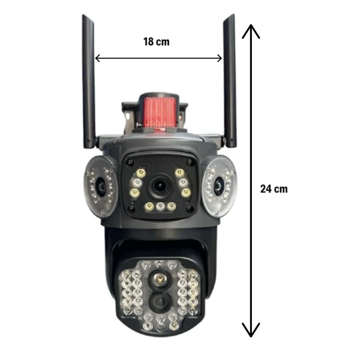 İpek Yıldızı® Kablolu Akıllı Güvenlik Kamerası – 4 Kameralı Çok Lensli, 360° PTZ Hareketli, Çift Antenli, Gece Görüşlü, Dış Mekan IP Kamera