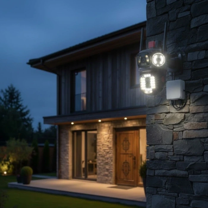 İpek Yıldızı® Kablolu Akıllı Güvenlik Kamerası – 4 Kameralı Çok Lensli, 360° PTZ Hareketli, Çift Antenli, Gece Görüşlü, Dış Mekan IP Kamera