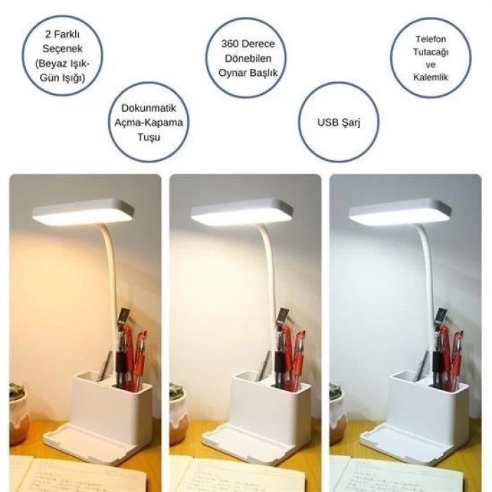 İpek Yıldızı® Kalemlikli USBli Dokunmatik 3 Kademeli 360 Derece Özel Göz Korumalı led Lityum Masa Lambası
