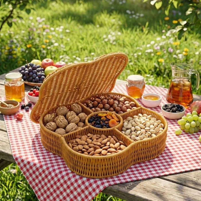 İpek Yıldızı® Kapaklı 5 Bölmeli Plastik Rattan Organizer Kutu – Hasır Desenli Çok Amaçlı Saklama ve Sunum Sepeti Çerezlik